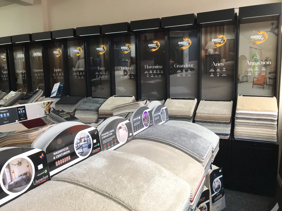 Hundreds of carpet samples in our Newcastle showroom — carpet fitters covering South Jesmond Sandyford