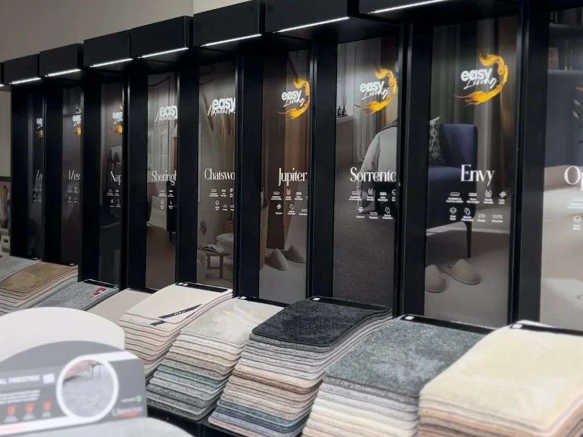 Carpet sample decks on display in our Newcastle showroom — carpet fitters covering Cramlington