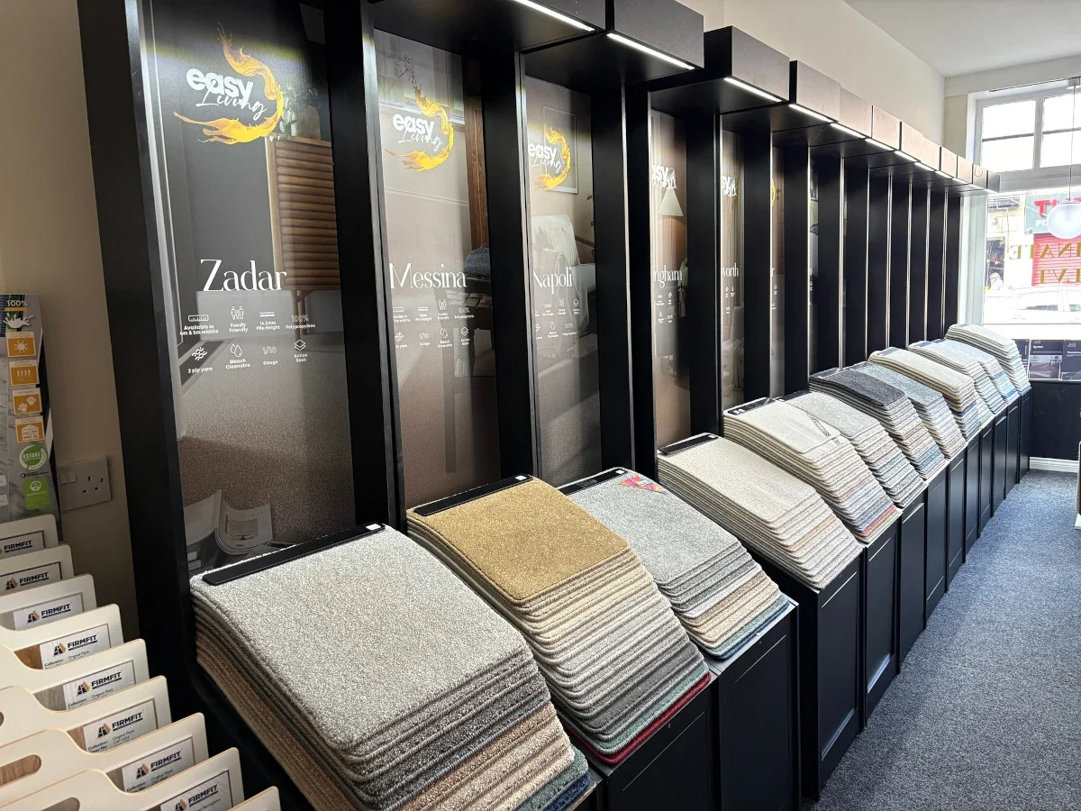 carpet-samples-showroom-stands-easyliving-newcastle-foxglove-flooring Carpet sample stands in our Newcastle showroom