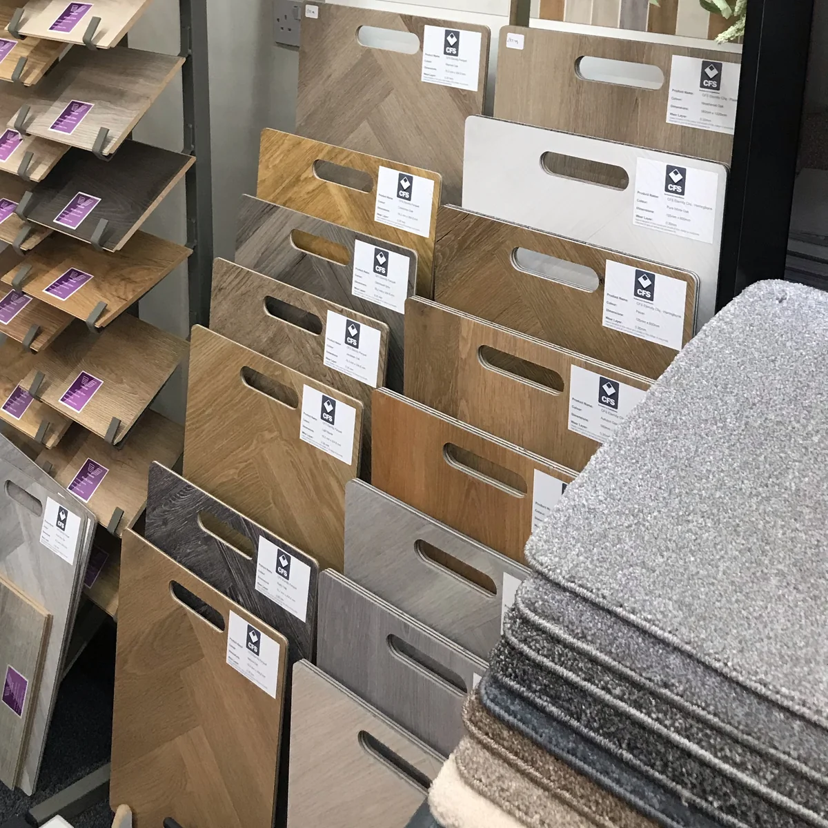 Laminate flooring sample boards in the Foxglove Flooring showroom, Newcastle