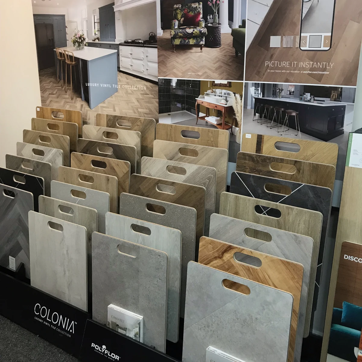 lvt-sample-stands-newcastle-foxglove-flooring LVT sample boards in our Newcastle showroom